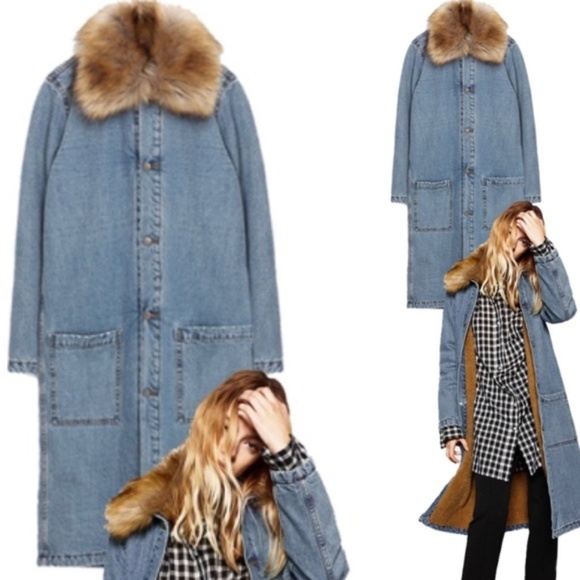 long denim jacket with fur collar